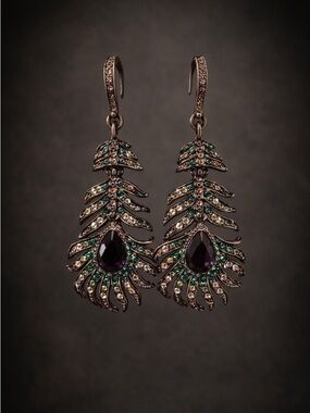 Amethyst Teardrop Peacock Feather Earrings - Brand Not Visible